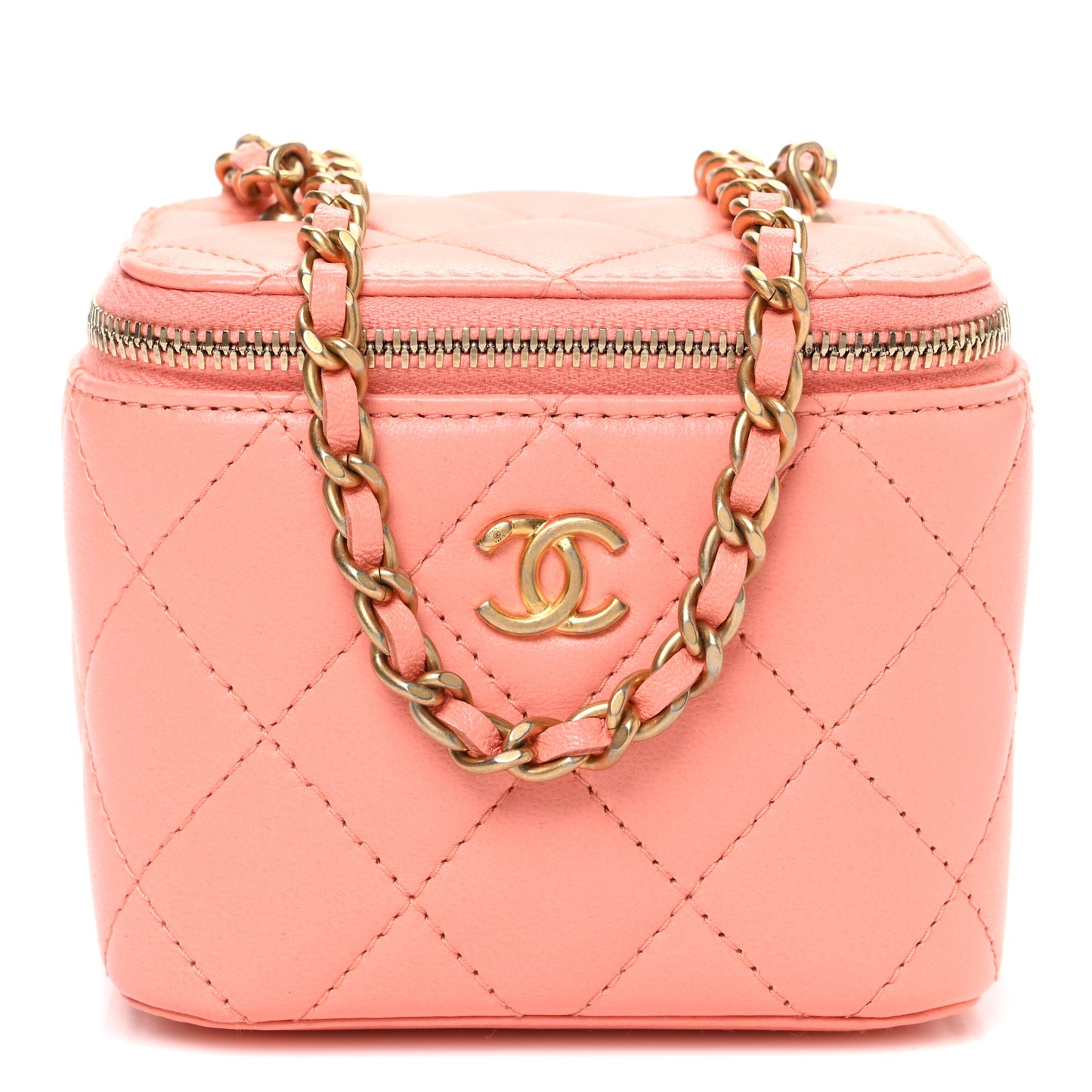 Lambskin Quilted Pearl Crush Mini Vanity Case With Chain Coral