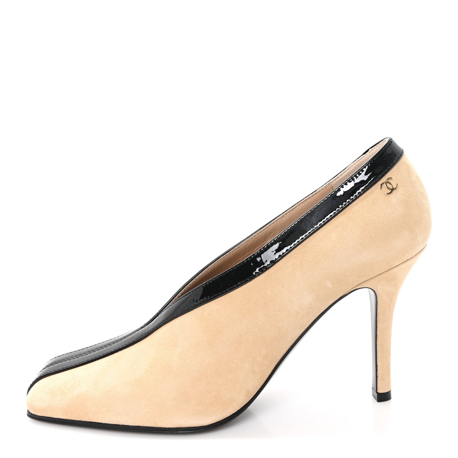 Chanel Suede Patent Calfskin Pumps 38.5 Beige Black 1 of 10