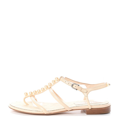 Chanel Lambskin Pearl Thong Sandals 37.5 Beige 1 of 7