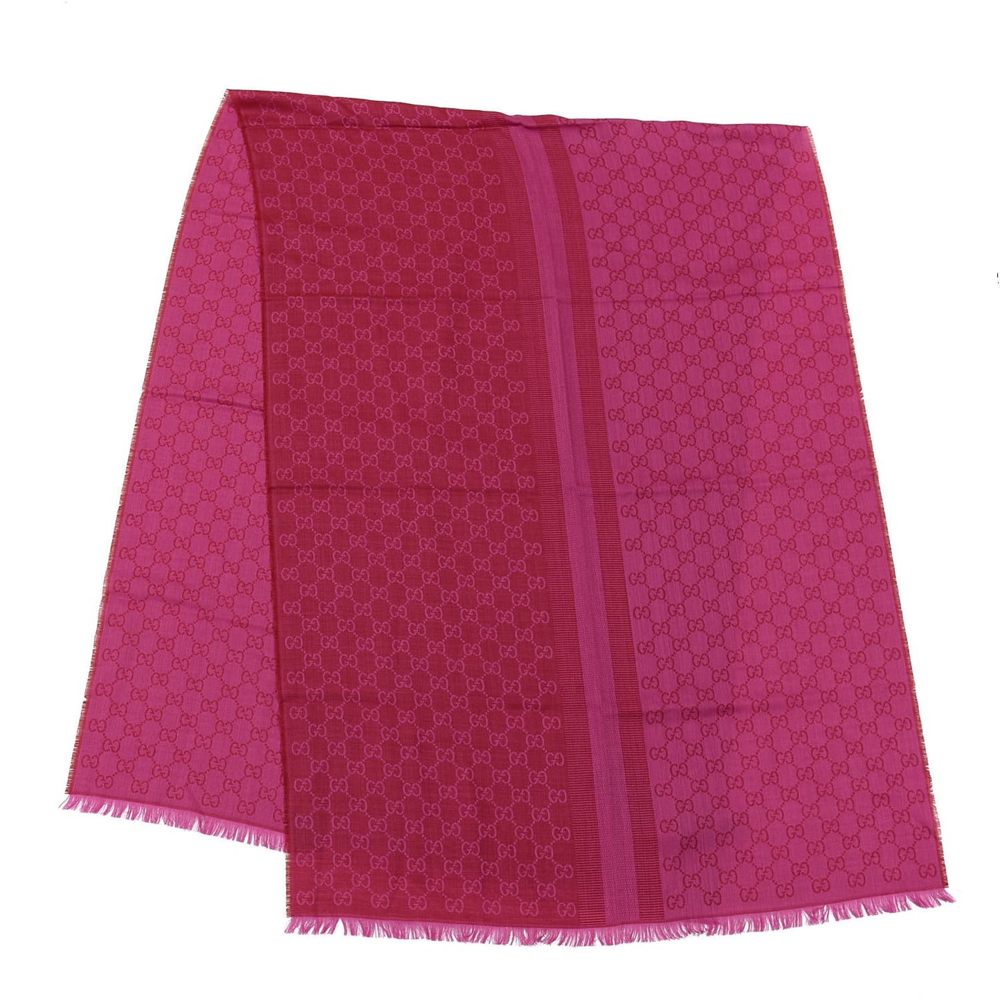 Wool Silk GG Monogram GGWeblong Fringe Scarf Shawl Red Pink