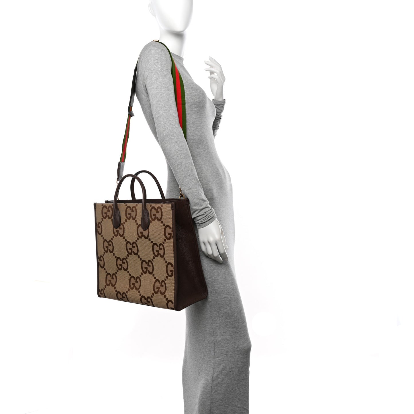 Monogram Jumbo GG Textured Dollar Calfskin Web Tote Bag Camel Ebony New Acero