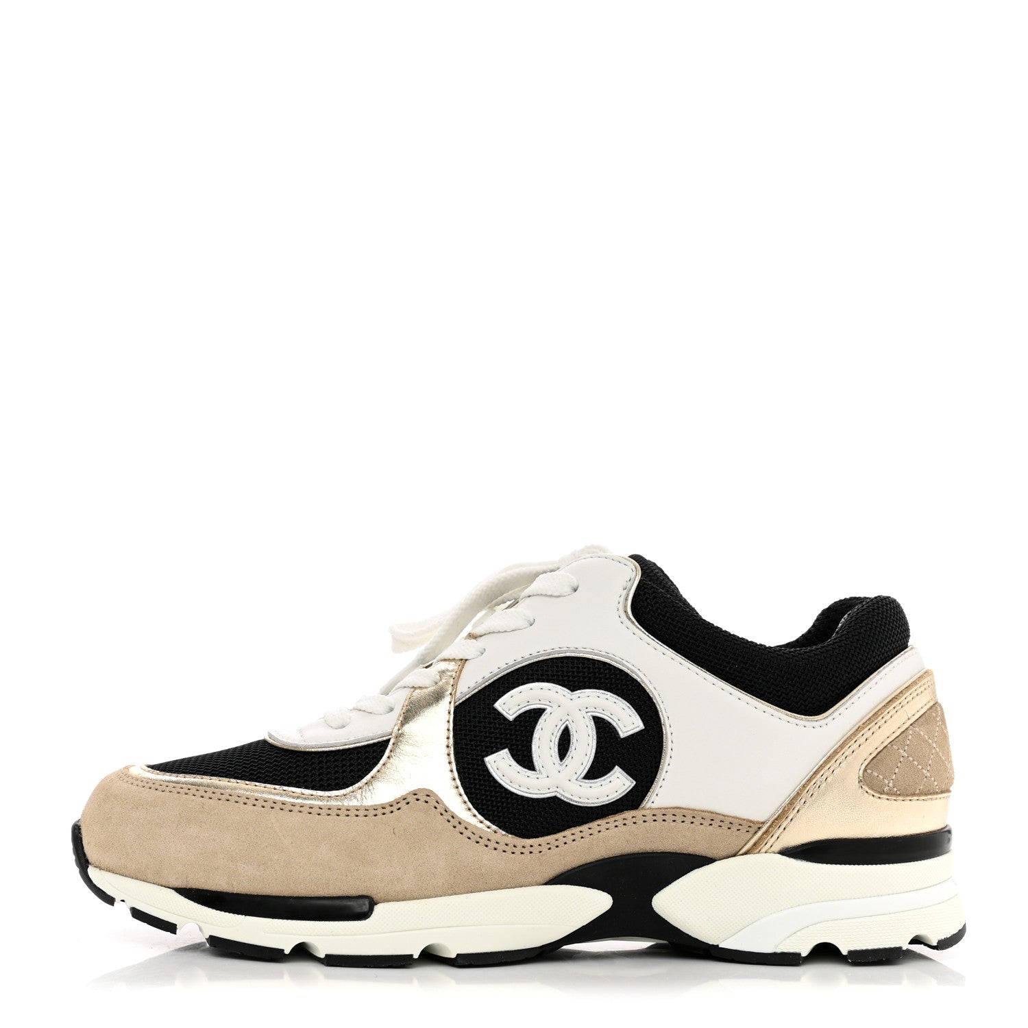 Chanel Mesh Suede Calfskin Womens CC Sneakers 38.5 White Black Beige Gold 1 of 8