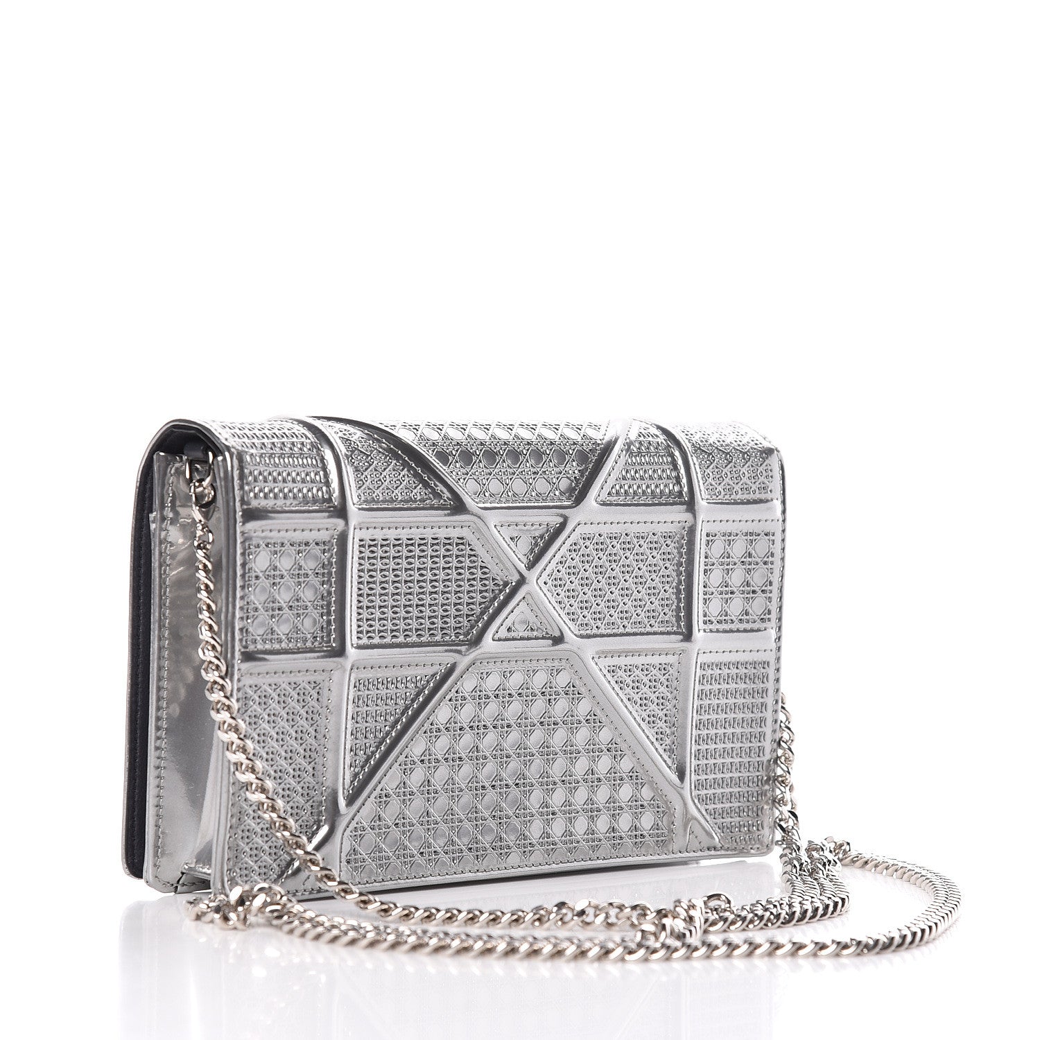 Christian Dior Metallic Patent Micro-Cannage Diorama Wallet on Chain Pouch Silver 3 of 9