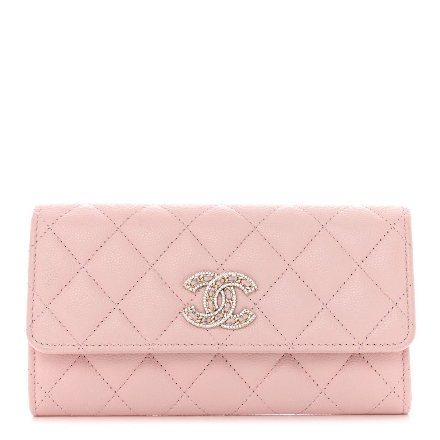 Caviar Quilted Crystal CC Large Gusset Flap Wallet Pink