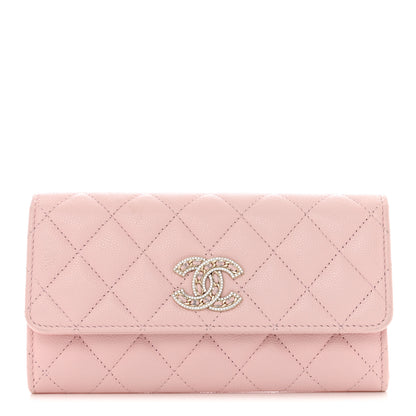 Chanel Caviar Quilted Crystal CC Large Gusset Flap Wallet Pink 1 of 12