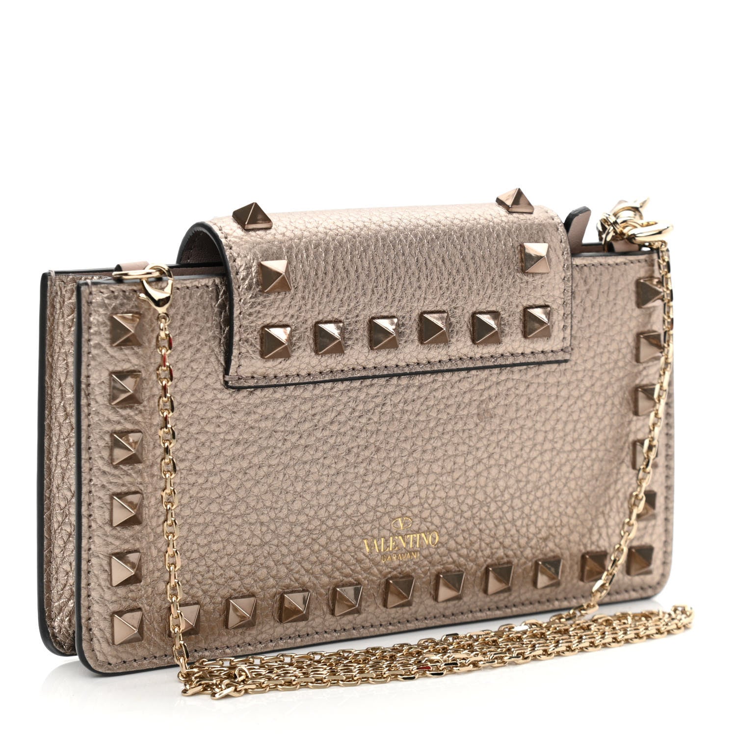Valentino Garavani Metallic Pebbled Calfskin Rockstud Phone Case With Chain Sasso 2 of 9