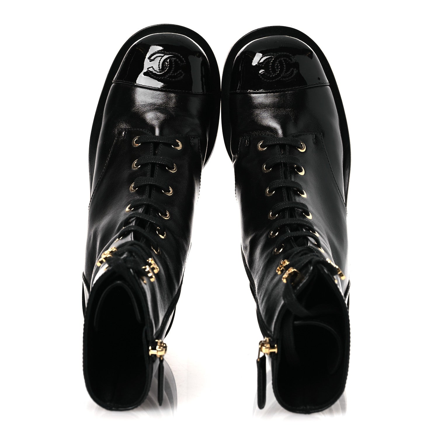 Chanel Shiny Calfskin Patent Cap Toe Lace Up Combat Boots 36.5 Black 2 of 10