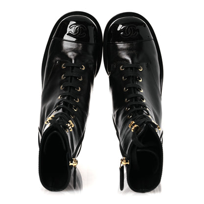 Chanel Shiny Calfskin Patent Cap Toe Lace Up Combat Boots 36.5 Black 2 of 10