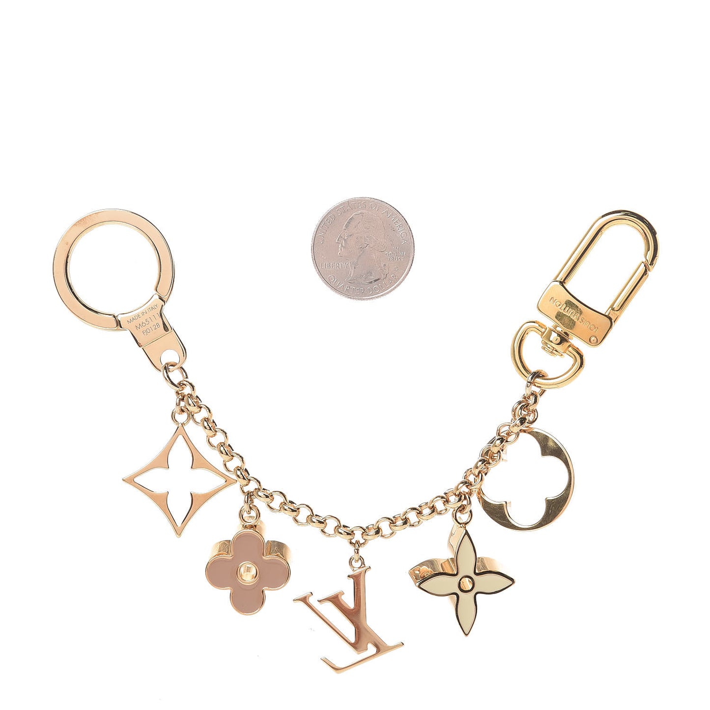 Brass Enamel Fleur De Monogram Bag Charm Chain Gold