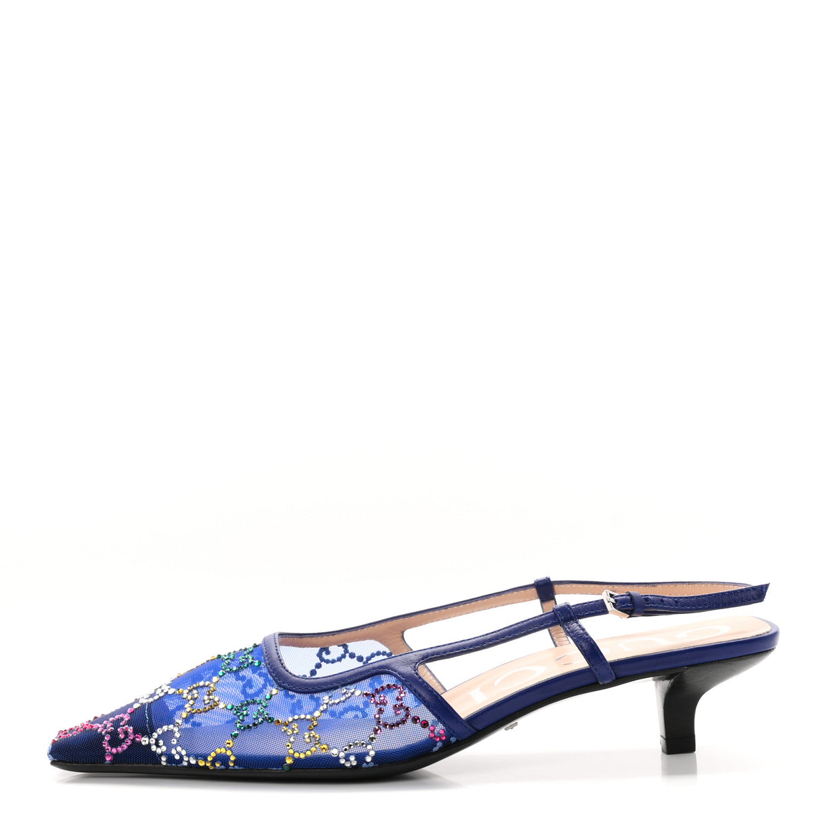 Tela Retino Nappa Charlotte Crystal GG Monogram Square G 35mm Slingback Pumps 38 Splash Net Blue Witch
