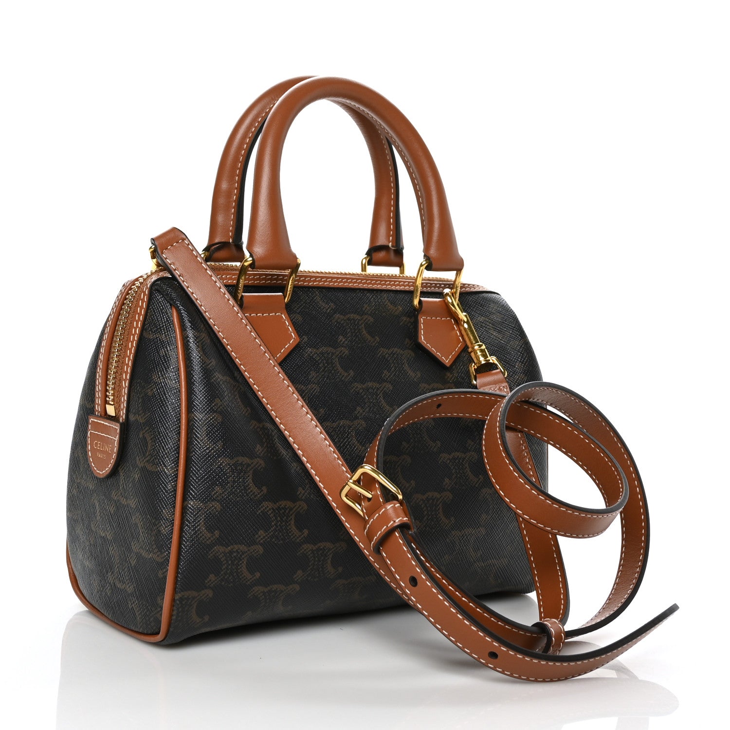 Celine Triomphe Canvas Calfskin Small Boston Bag Tan 3 of 7