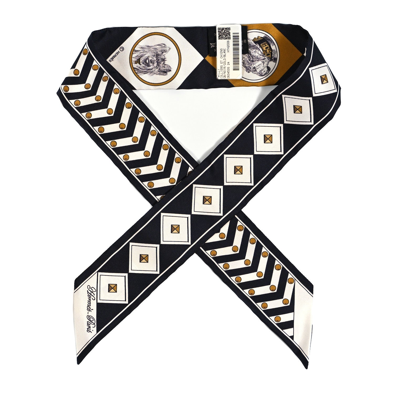 Hermes Silk Colliers Et Chiens Twilly Black Gold White 1 of 4