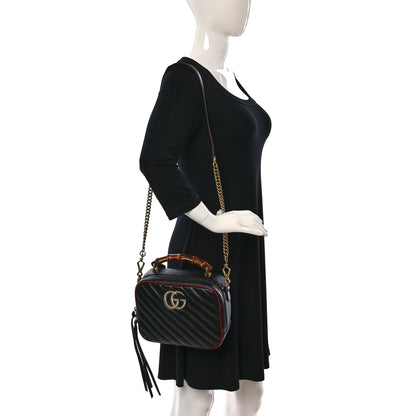 Gucci Vintage Effect Calfskin Matelasse Diagonal Small Torchon GG Marmont Bamboo Top Handle Shoulder Bag Black Romantic Cherry 2 of 9
