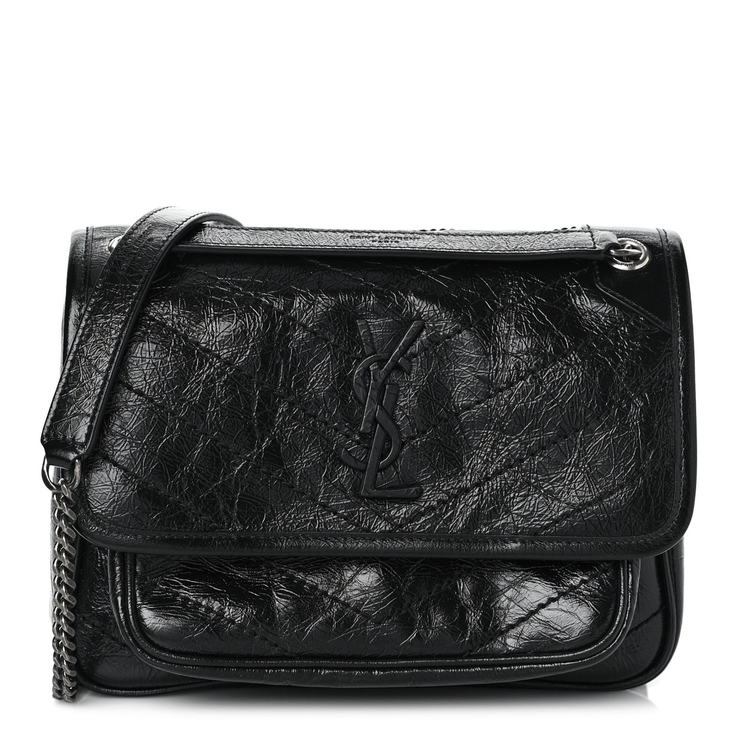 Crinkled Lambskin Matelasse Monogram Baby Niki Chain Satchel Black