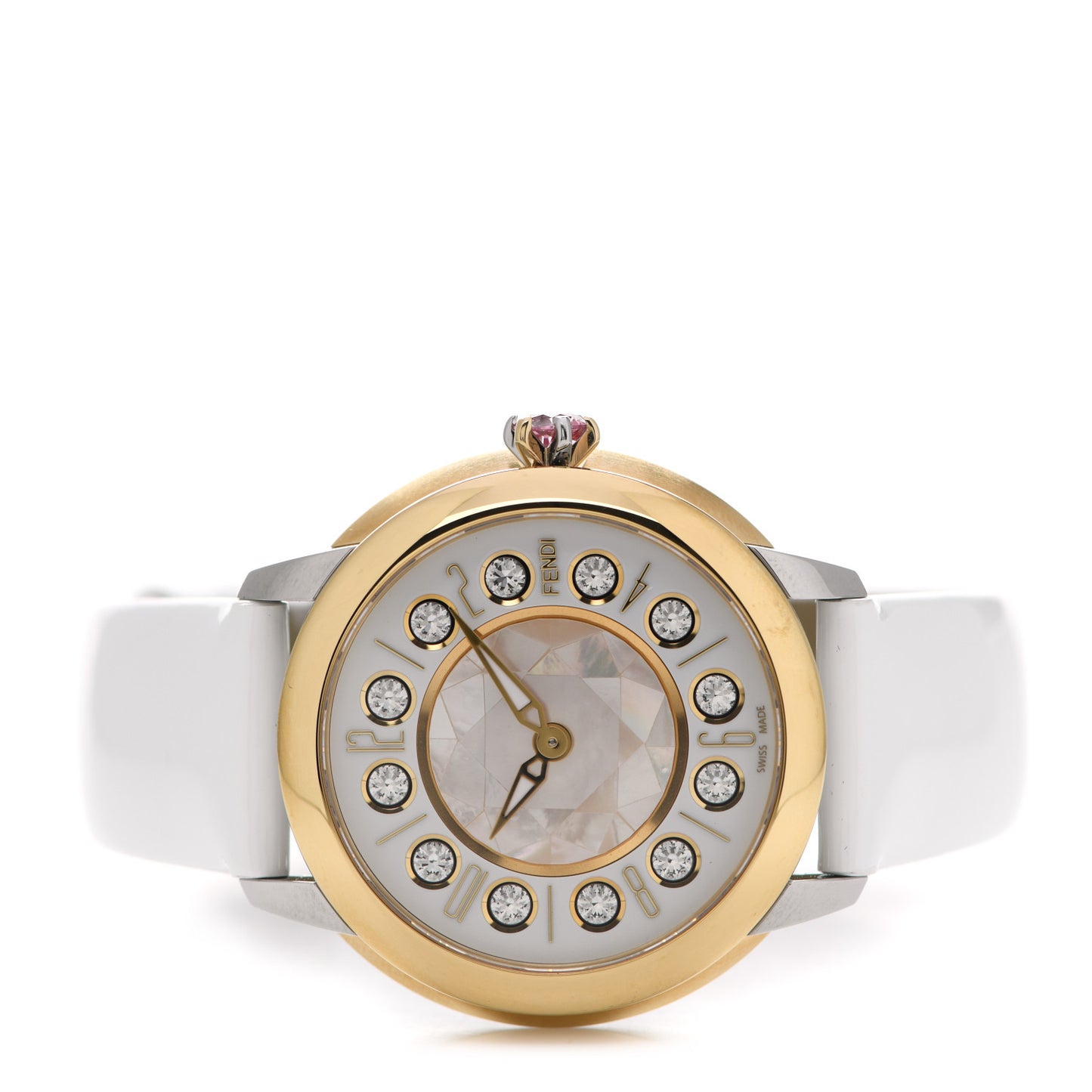 Stainless Steel Calfskin Mother of Pearl Topaz Spinel 38mm Ishine Rotating Gem Quartz Watch