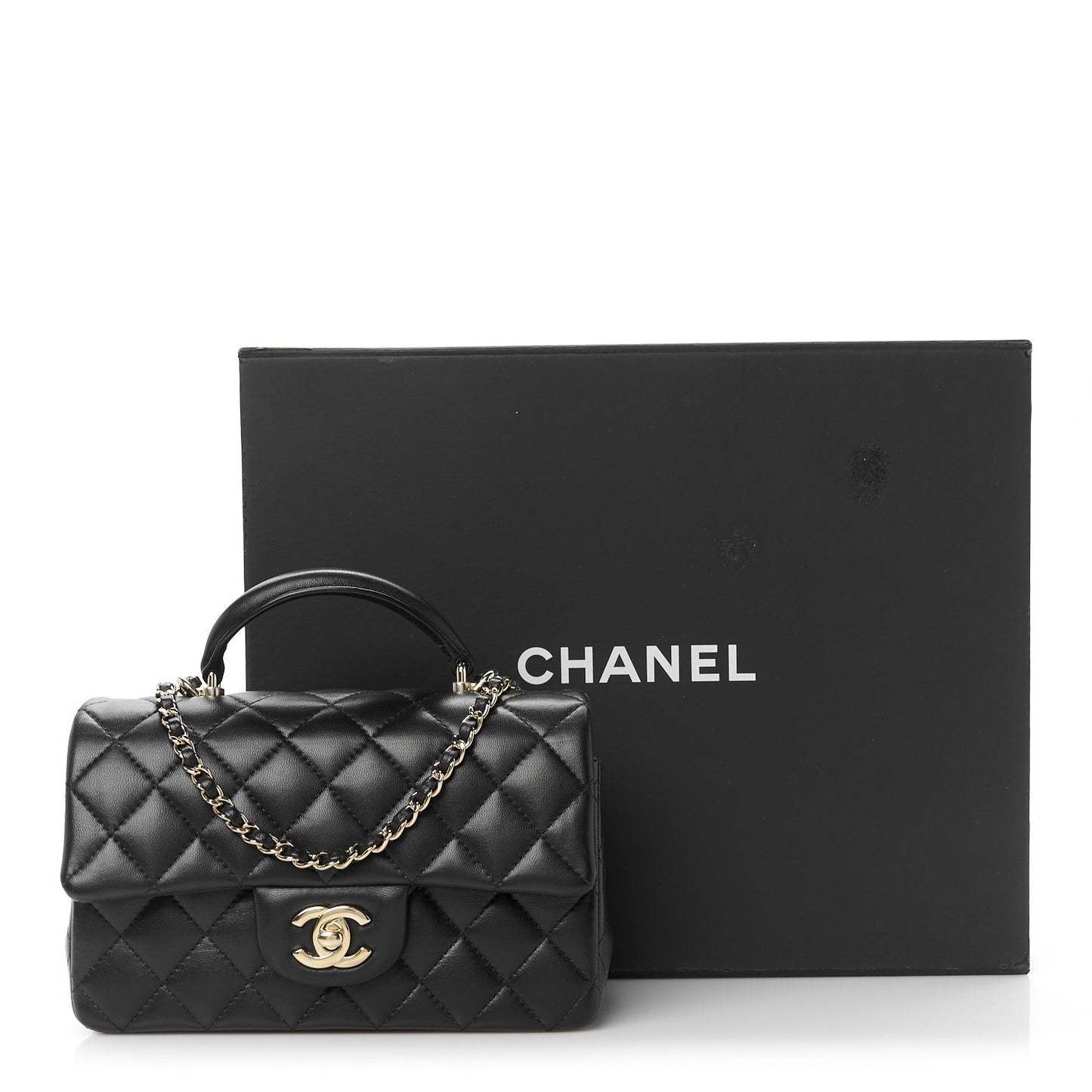 Lambskin Quilted Mini Top Handle Rectangular Flap Black