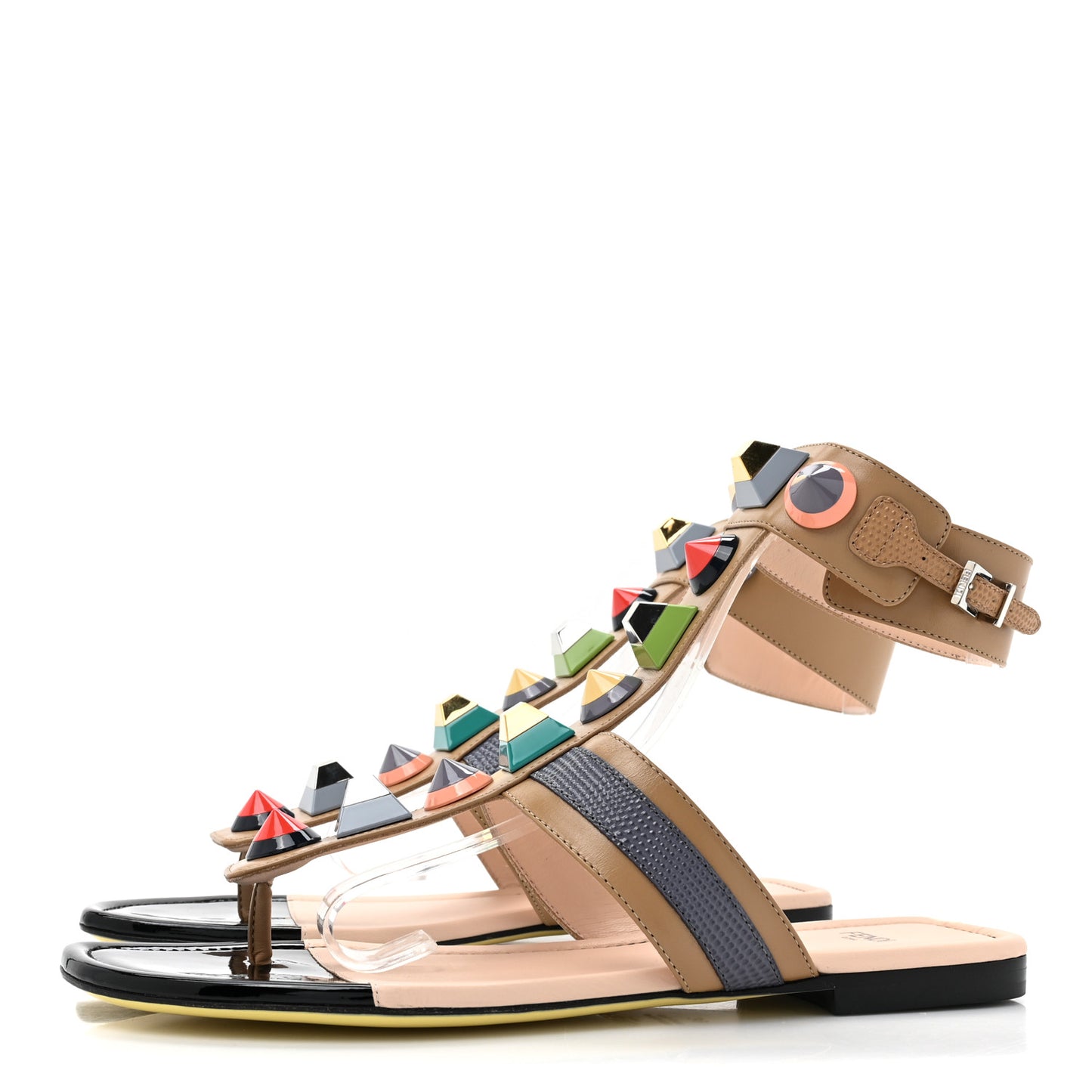 Calfskin Lizard Embossed Studded Sandals 38 Multicolor