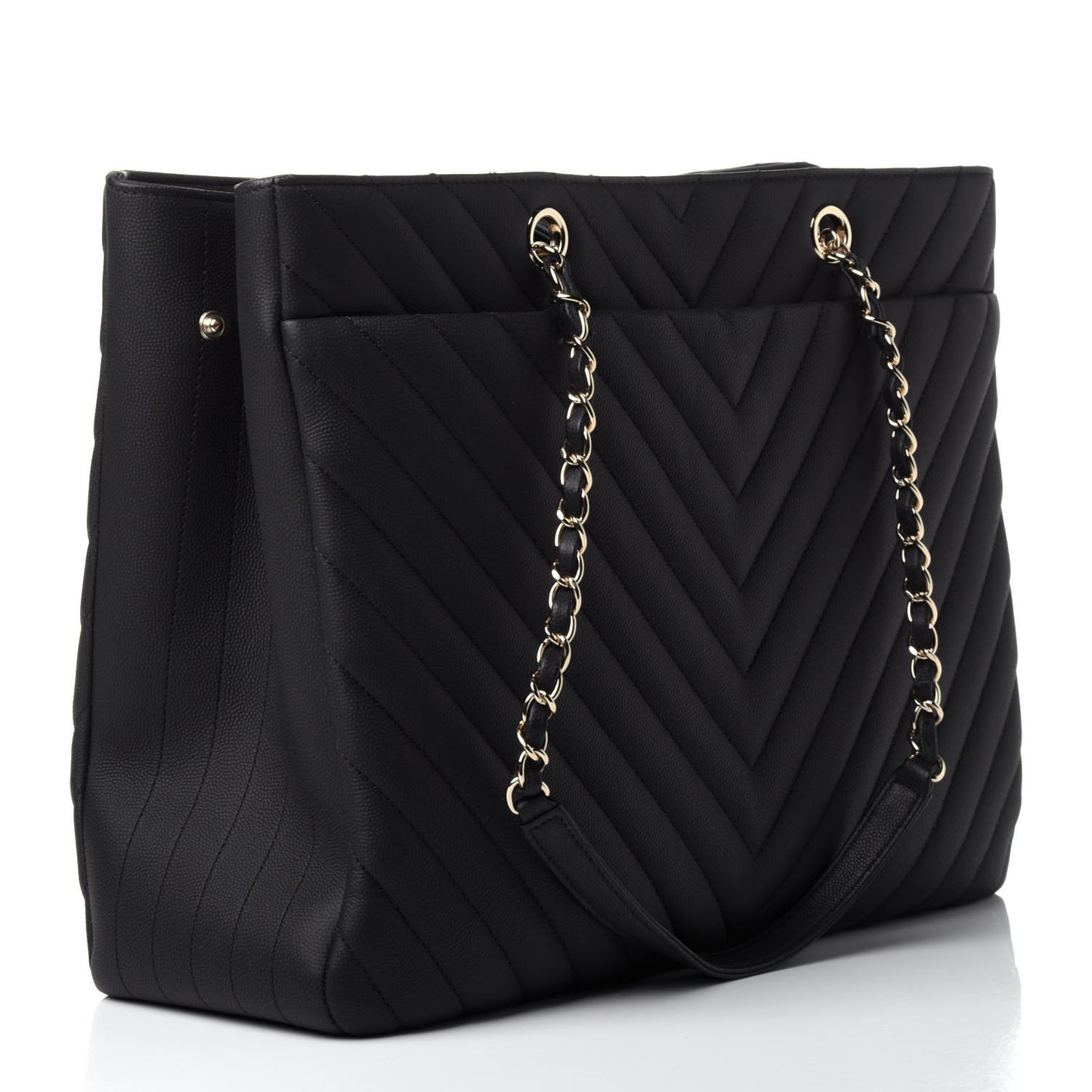 Caviar Flat Chevron Quilted Large Shopping Tote Black