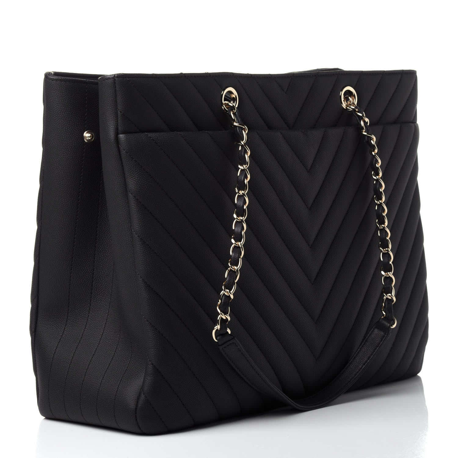 Chanel Caviar Flat Chevron Quilted Large Shopping Tote Black 2 of 10
