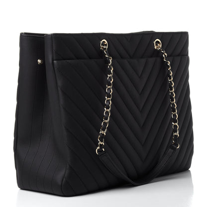 Chanel Caviar Flat Chevron Quilted Large Shopping Tote Black 2 of 10