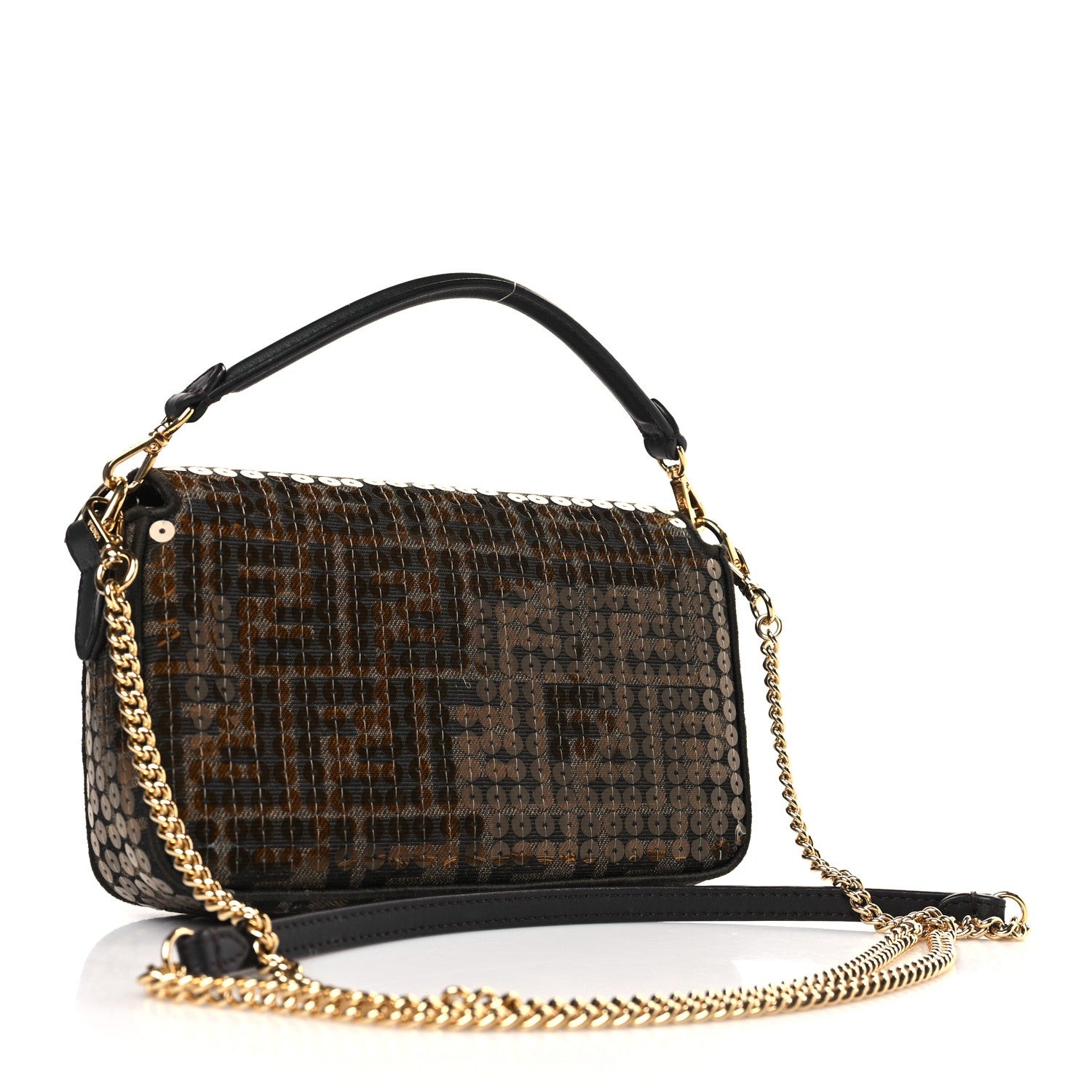 Fendi Fabric Jacquard Paillettes Vitello Seta FF 1974 Mini Baguette Testa di Moro Real Ebano 3 of 9