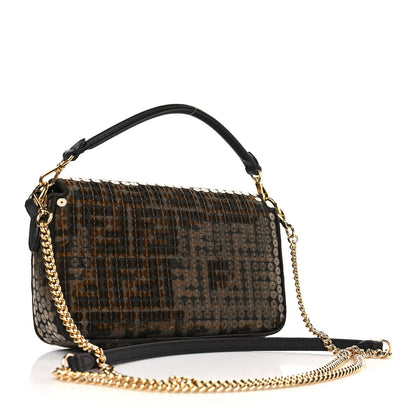 Fendi Fabric Jacquard Paillettes Vitello Seta FF 1974 Mini Baguette Testa di Moro Real Ebano 3 of 9