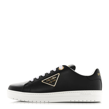Prada Vitello Soft Metal Triangle Logo Womens Edge Low Top 30mm Sneakers 38 Black White 1 of 9