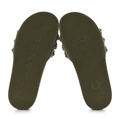 Chanel Canvas Chain Flat Sandals 38 Khaki 4 of 4