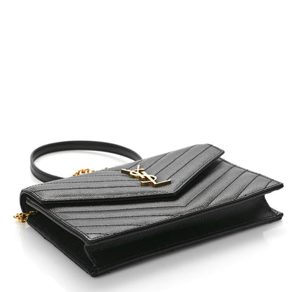 Saint Laurent Grain De Poudre Matelasse Chevron Monogram Envelope Chain Wallet Black 4 of 9