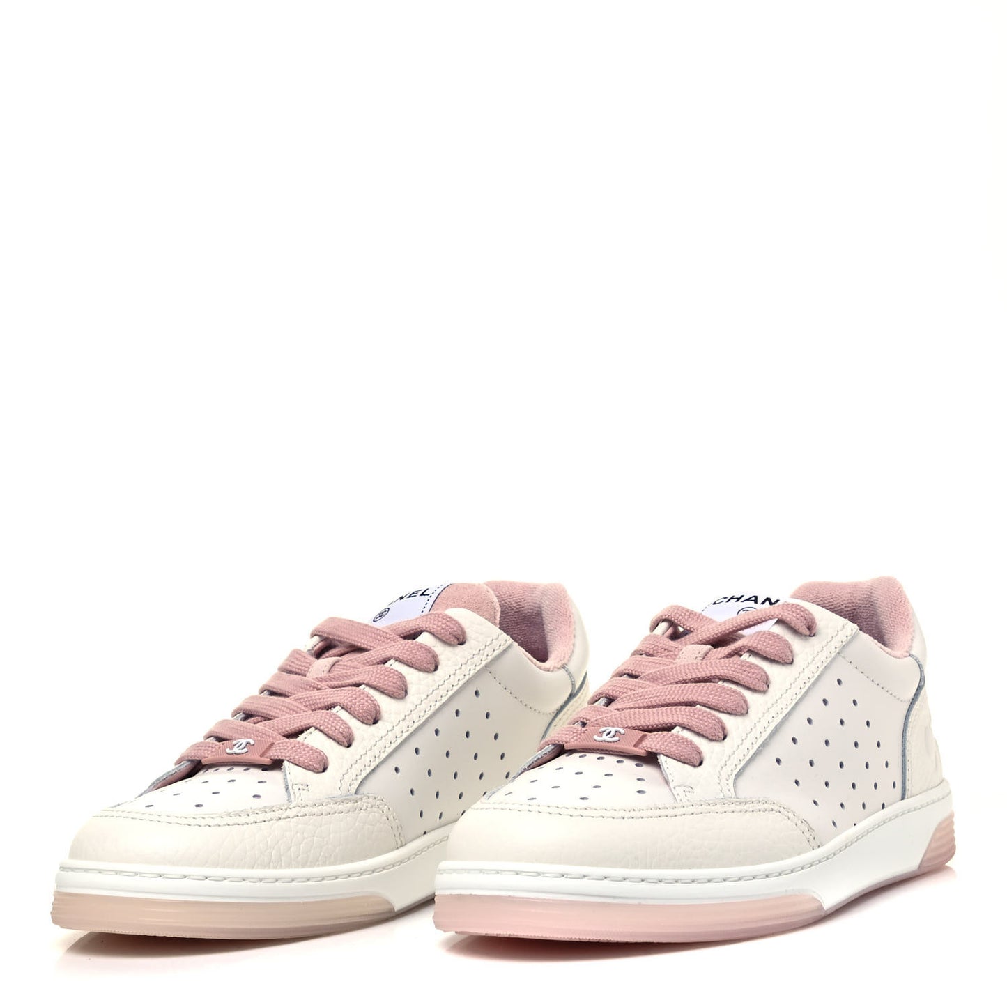Grained Calfskin Fabric Womens Logo Sneakers 37.5 White Light Pink