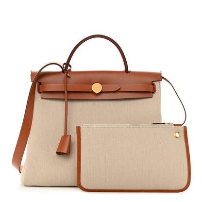 Hermes Military Toile Vache Hunter Herbag Zip Retourne 31 PM Beton Naturel 1 of 14