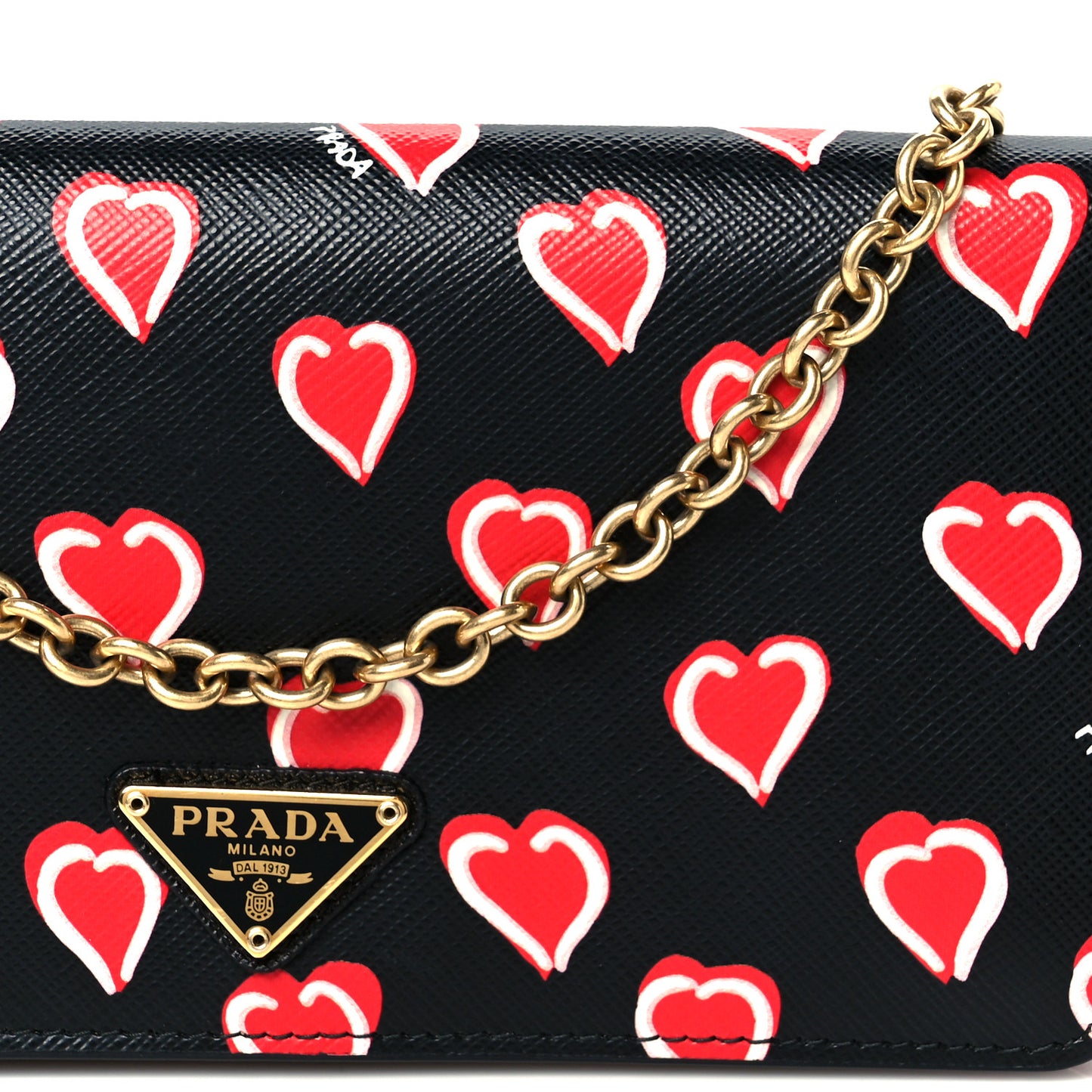 Saffiano Heart Print Mini Wallet On Chain Black