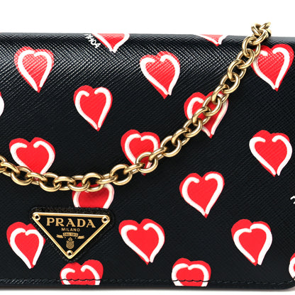 Prada Saffiano Heart Print Mini Wallet On Chain Black 7 of 10