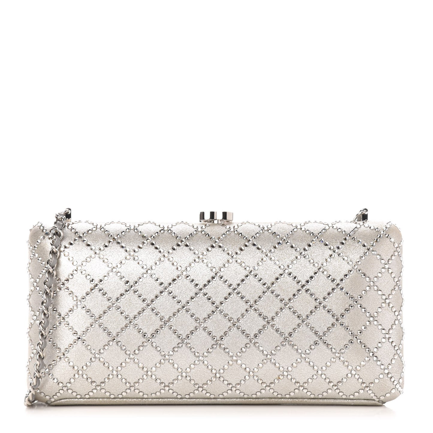 Iridescent Lambskin Crystal Quilted Clutch Silver