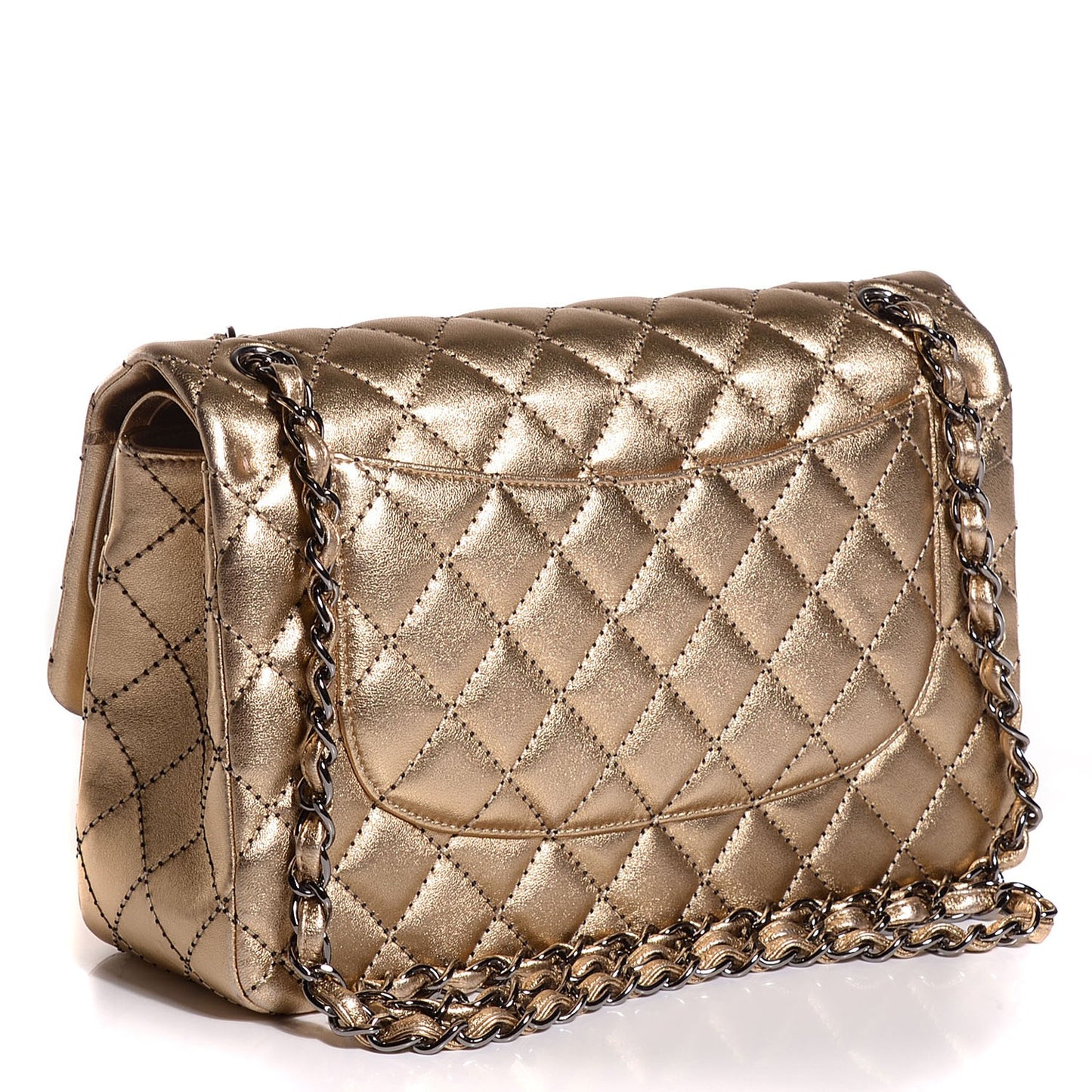Metallic Washed Lambskin Quilted Jumbo Double Flap Dark Gold Black