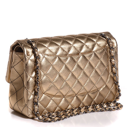 Chanel Metallic Washed Lambskin Quilted Jumbo Double Flap Dark Gold Black 3 of 9