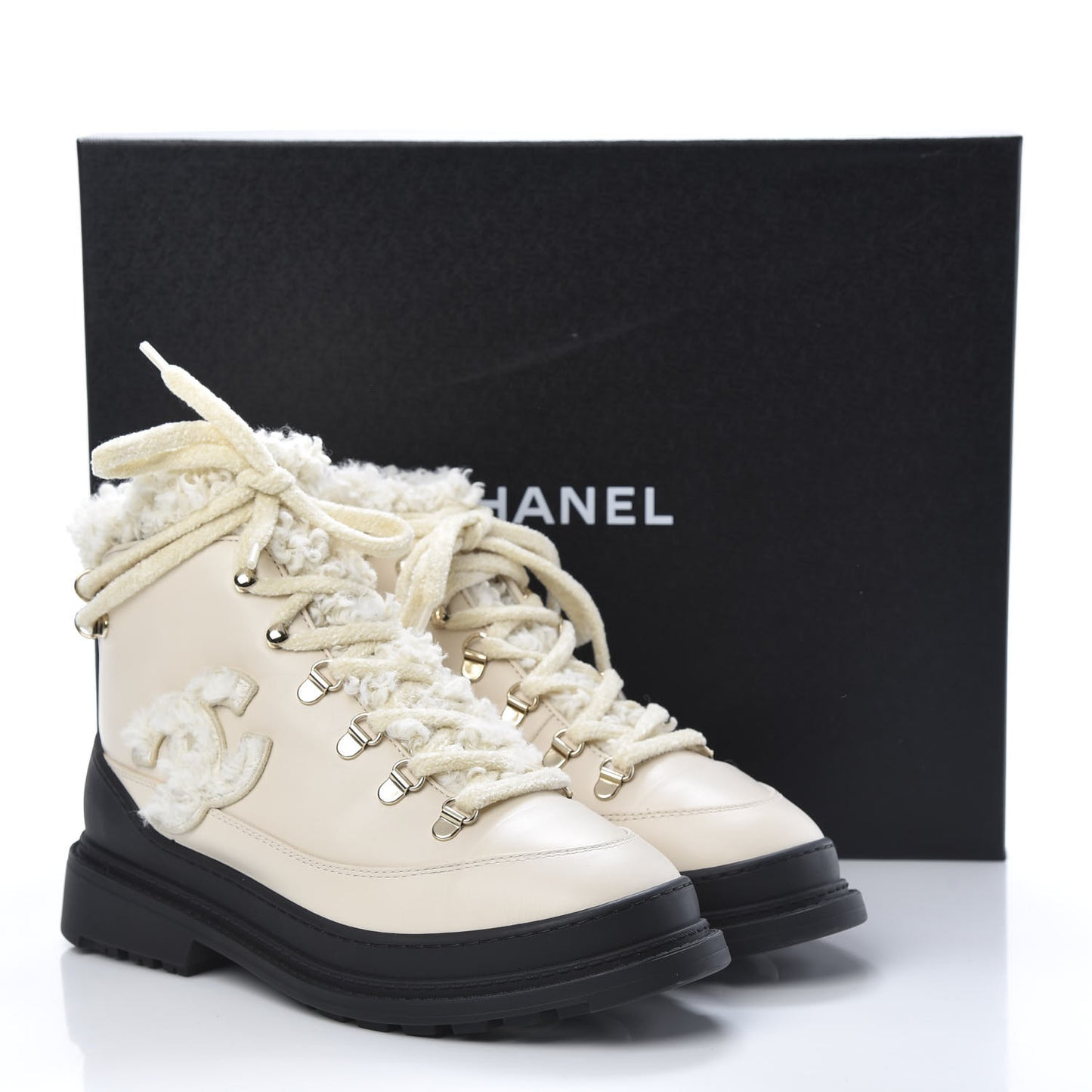 Calfskin Shearling CC Lace Up Boots 38 Light Beige Ivory