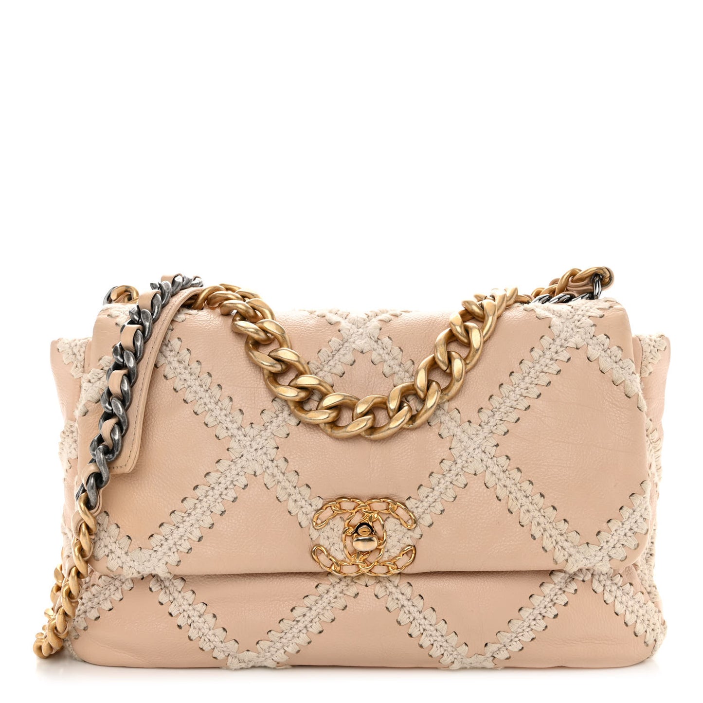 Calfskin Crochet Large Chanel 19 Flap Beige