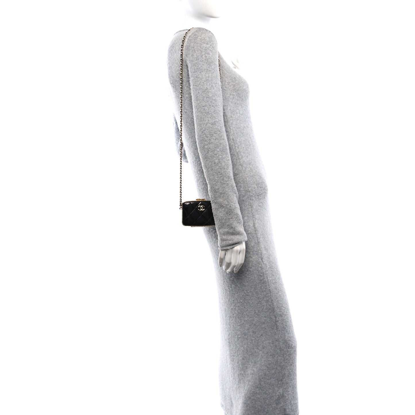 Glazed Goatskin Quilted Small Box With Chain Black