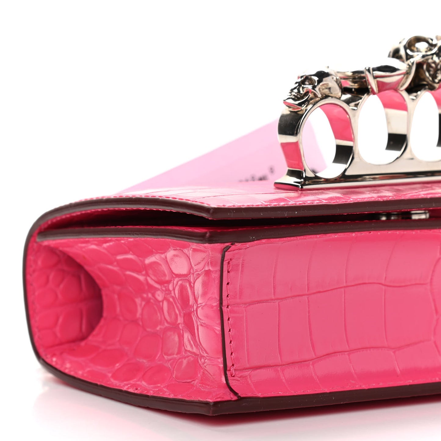 Shiny Crocodile Embossed Jeweled Satchel Peony Pink