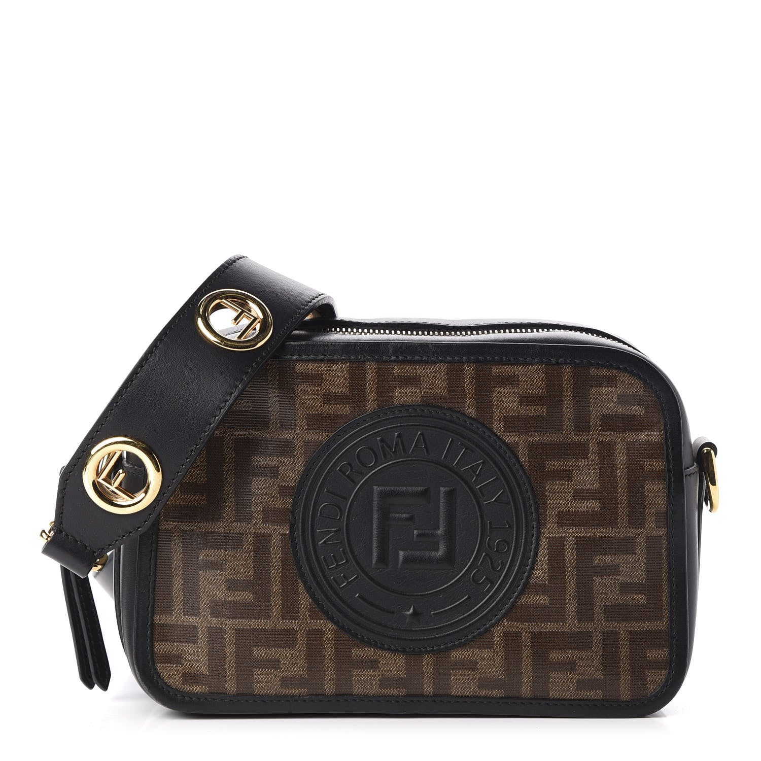 Fendi Glazed Fabric Vitello Century F is Fendi FF 1974 Stamp Patch Camera Case Mogano Panna Black 1 of 12