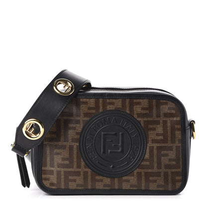 Fendi Glazed Fabric Vitello Century F is Fendi FF 1974 Stamp Patch Camera Case Mogano Panna Black 1 of 12