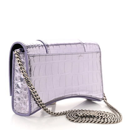 Balenciaga Shiny Metallic Calfskin Crocodile Embossed Hourglass Chain Bag Lilac 3 of 11