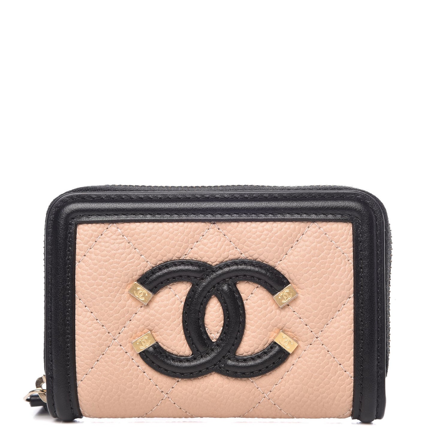 Caviar Quilted Filigree Coin Purse Beige Black
