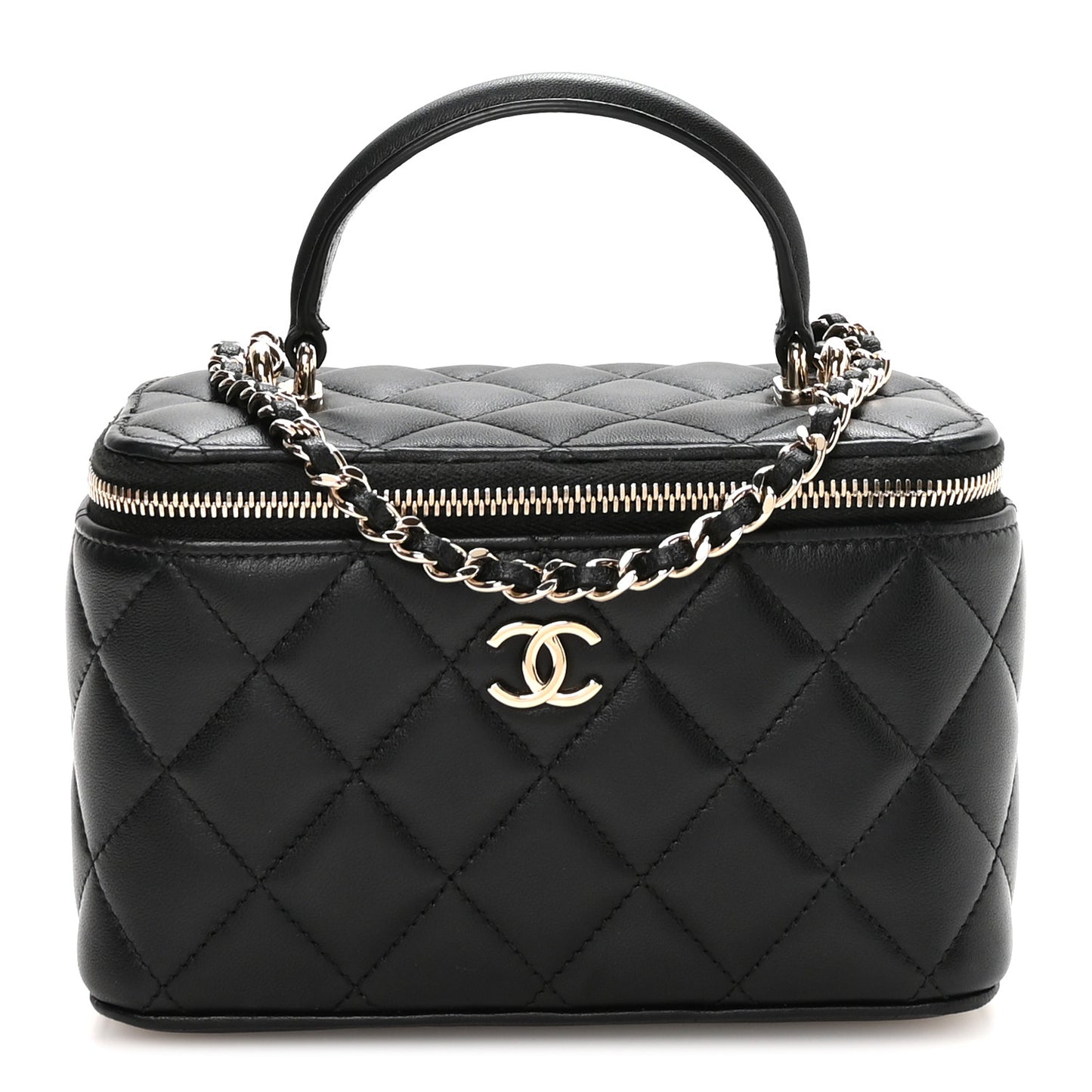Lambskin Quilted Small Top Handle Vanity Case With Chain Black