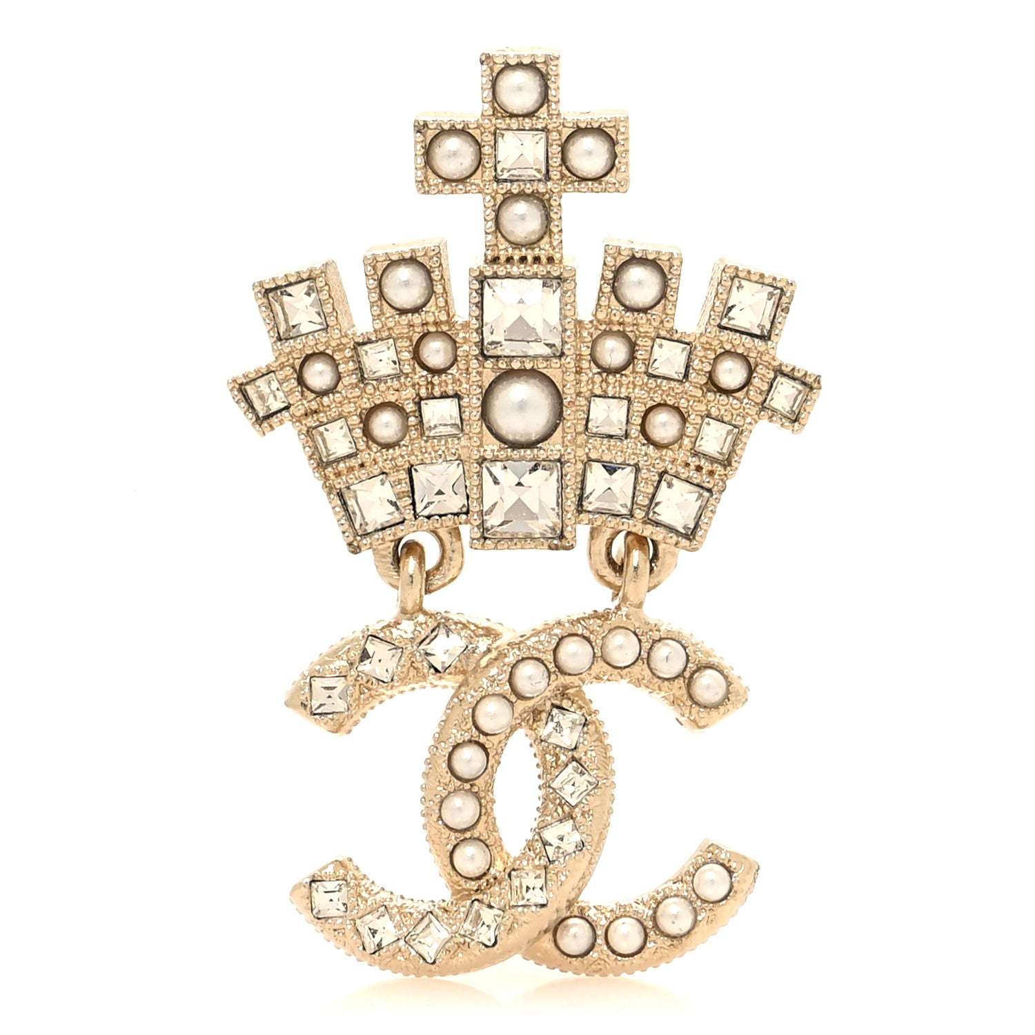 Chanel Pearl Crystal CC Crown Brooch Gold 1 of 4