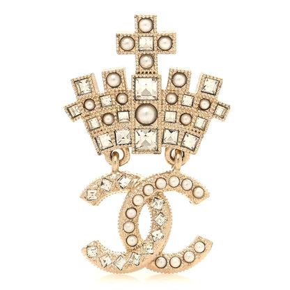 Chanel Pearl Crystal CC Crown Brooch Gold 1 of 4