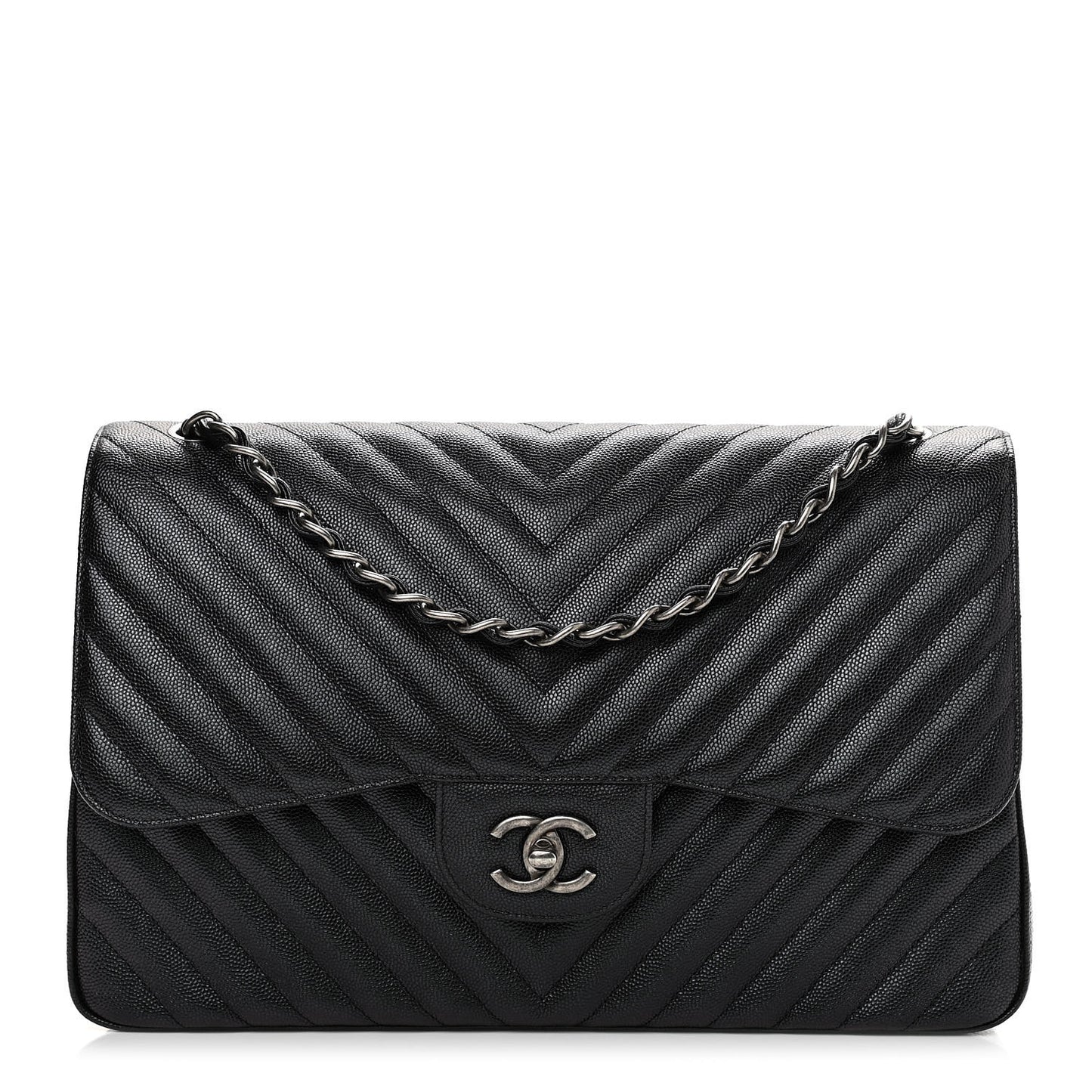 Caviar Chevron Quilted Jumbo Double Flap Black