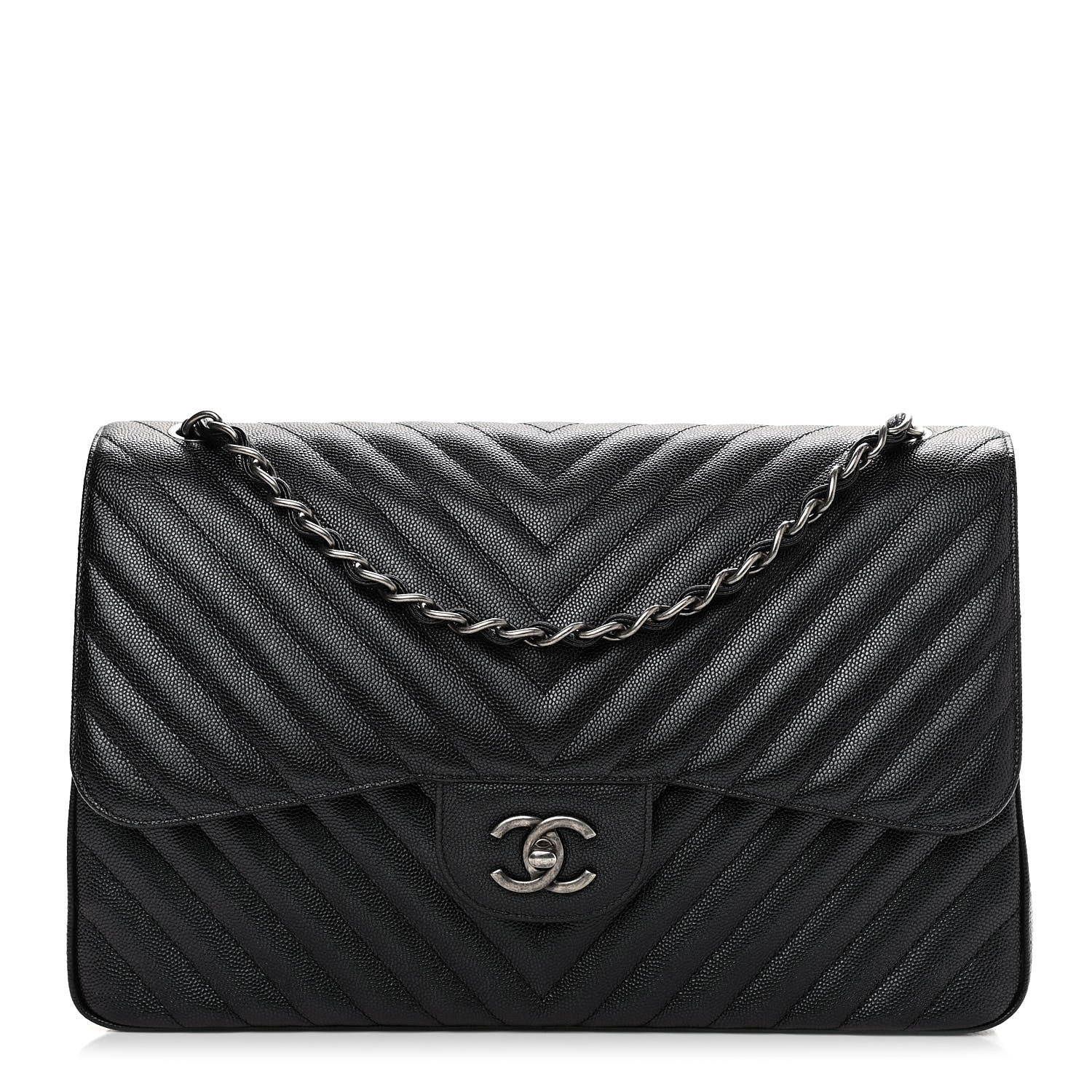 Chanel Caviar Chevron Quilted Jumbo Double Flap Black 1 of 11