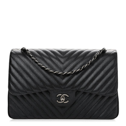 Chanel Caviar Chevron Quilted Jumbo Double Flap Black 1 of 11